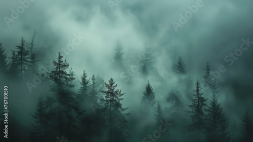 Mystical Forest Scene with Fog and Silhouetted Trees
