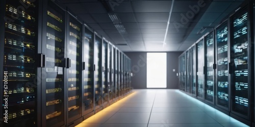 A corridor stretches through a modern server room, illuminated by soft lighting that casts a calm ambiance over the technological haven. This is the quiet powerhouse where data is securely stored and