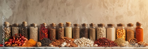 Assorted spices and herbs in glass bottles on table in front of wall, culinary ingredients concept