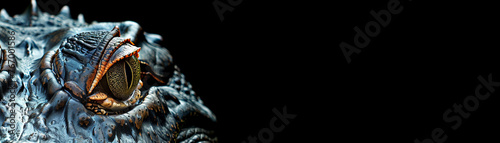 Close-up of a crocodile against a dark background, highlighting intricate details, ideal for wildlife campaigns, horror themes, and textural contrasts in design. Banner with copy space for text. © Kassiopeia 