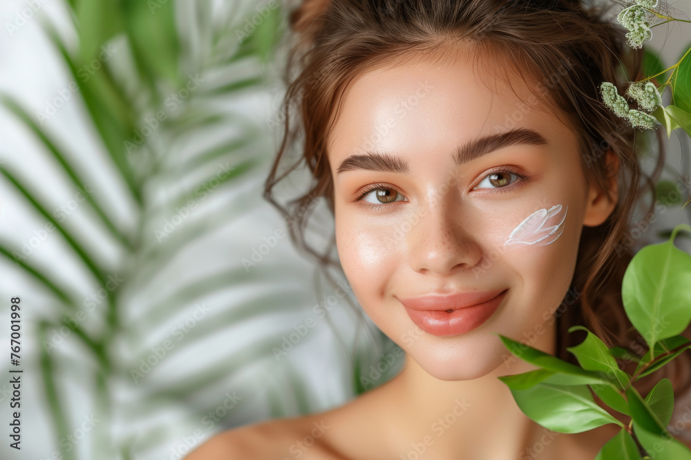 Radiant Young Woman with Natural Skincare Cream and Greenery Radiant Young Woman with Natural Skincare Cream and Greenery