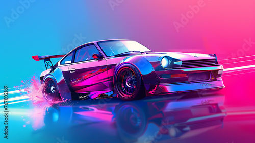 Neon-style sports car in motion with bright isolated background, Futuristic sports