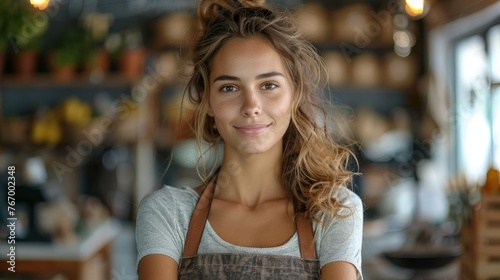 Wallpaper Mural Owner of a small business with pride and determination displaying her thriving business. Generative AI. Torontodigital.ca