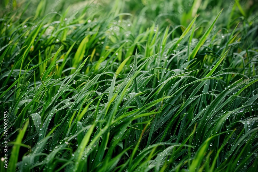 the intricate texture of lush green grass blades swaying gently in the breeze, with dew drops glistening in the morning sunlight the intricate texture of lush green grass blades swaying gently in the breeze, with dew drops glistening in the morning sunlight
