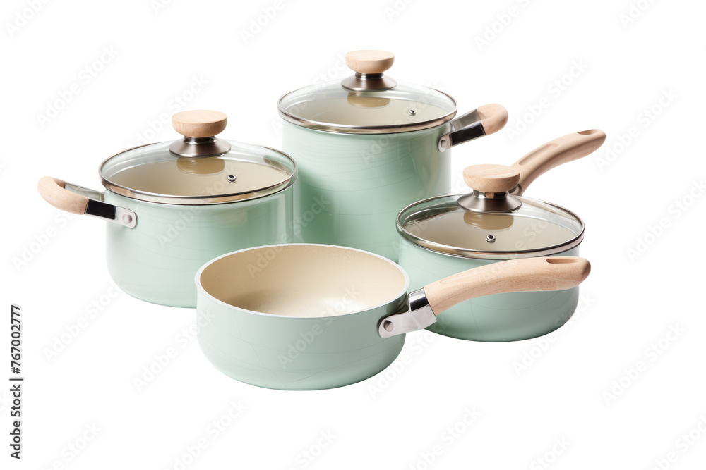 Set of Pots and Pans With Wooden Handles. On a Clear PNG or White Background.