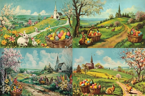 : A vintage Easter postcard featuring a picturesque countryside scene with a church steeple in the distance, colorful baskets filled with eggs on doorsteps, and fluffy bunnies hopping through fields