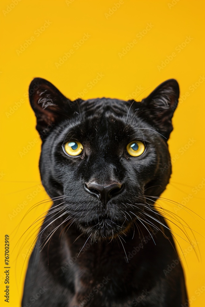 Stunning close-up of a black panther with piercing yellow eyes against a yellow backdrop, ideal for impactful visuals, animal campaigns, or bold design elements. Copy space for text.