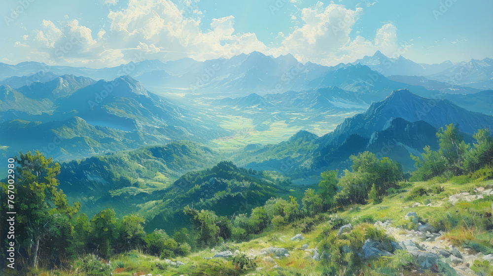 Fototapeta premium Breathtaking mountain vista captured in exquisite oil painting with high viewpoint