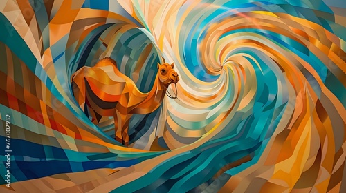 Vivid Cubism: Camel Emerging Amidst Bright Oranges and Blues © Abbassi