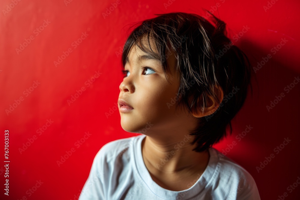 Little asian boy looking up on a red background. Kid portrait. Little asian boy looking up on a red background. Kid portrait.