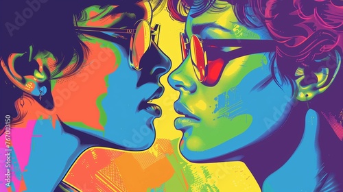 Surreal Pop Art Faces in Vibrant Colors  Abstract Couple Concept  Artistic Illustration