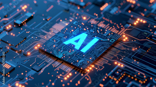 AI technology concept with illuminated letter on a circuit board