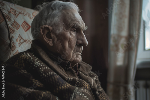 Picture of elderly man looks sad while sitting in the wheelchair near the window in the retirement home. One senior old male with sadness and depression abandoned alone. Loneliness retirement life