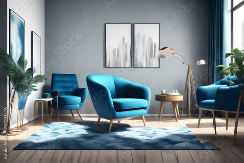 Interior of modern living room with blue armchair and coffee tables. Home design. 3d rendering