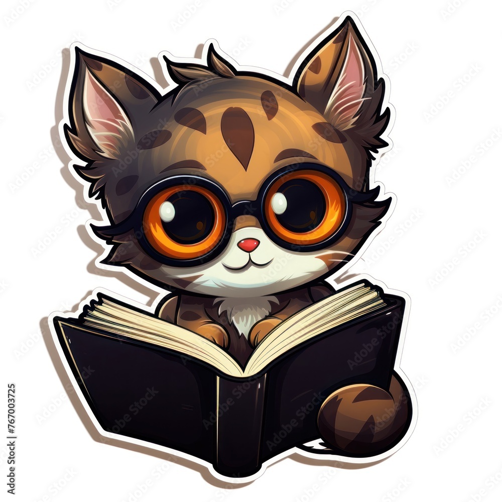 Cute cat with book. Sticker. Isolated on white background.