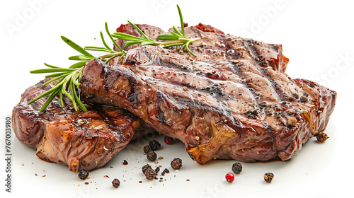 Grilled beef steaks seasoned and isolated on white.