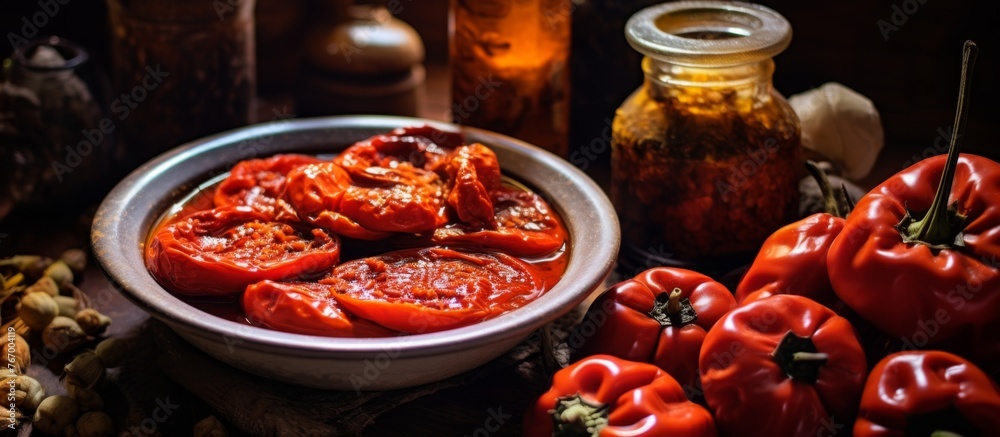 A bowl of fresh tomatoes is placed on a table next to a jar of pickled tomatoes, showcasing the versatility of this plant ingredient in various cuisines and recipes