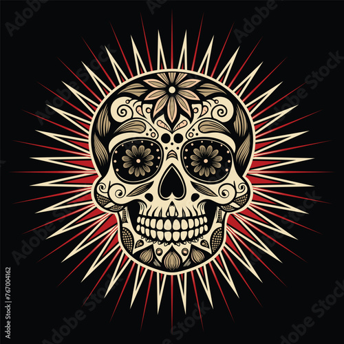 Dead day party, sugar skull or halloween holiday. Traditional mexican music festival, fun bright dance vector characters. Halloween Dia De Los Muertos Celebration. Vector Color Tattoo. Skull gothic. (ID: 767004162)