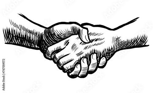 Strong hand shake. Pair of socks. Hand drawn retro styled black and white illustration
