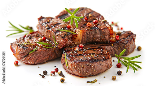 Grilled beef steaks with spices isolated on white background.