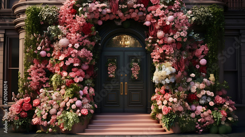 Enchanting Entrance: A Verdant Tapestry of Blooms Framing a Rustic Wooden Door, Inviting the Imagination to Wander Amidst Nature's Embrace.