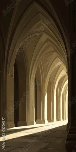 Sunlit Gothic Cathedral Interior with Arched Hallway