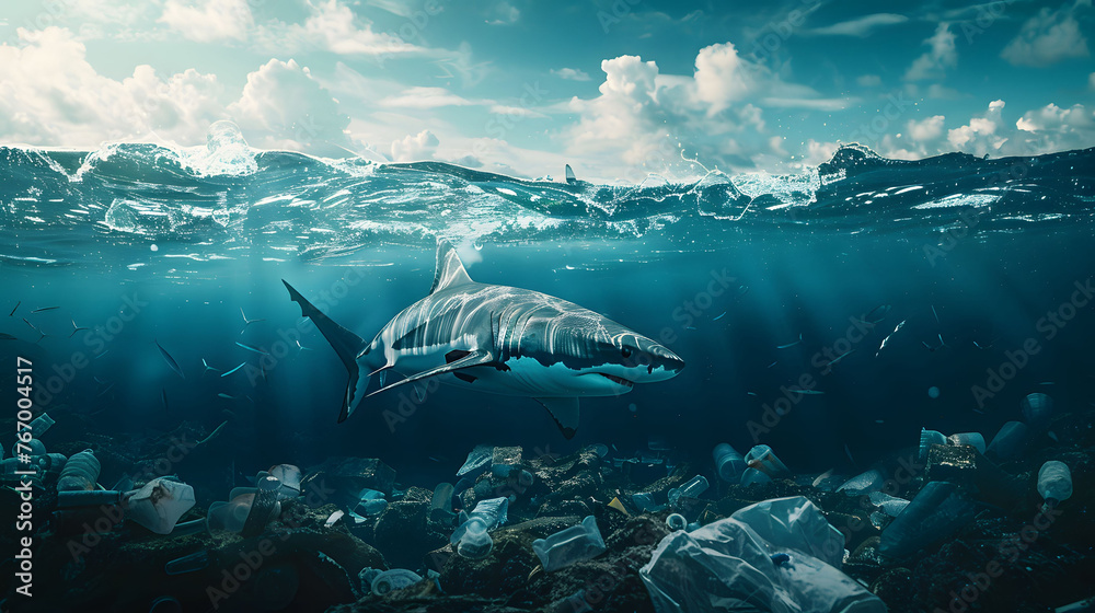 Striking image of a shark above a bed of plastic waste, shedding light on environmental issues and ocean pollution. - obrazy, fototapety, plakaty 