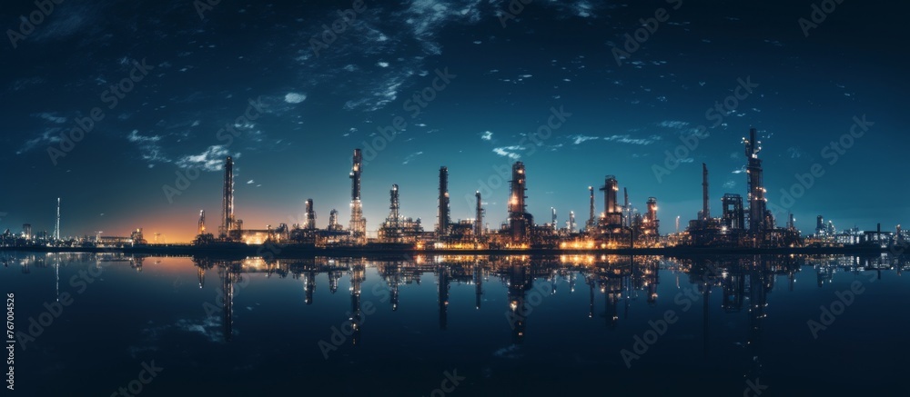 Fototapeta premium The silhouette of a towering oil refinery is mirrored in the calm waters at night, creating a stunning reflection against the city skyline