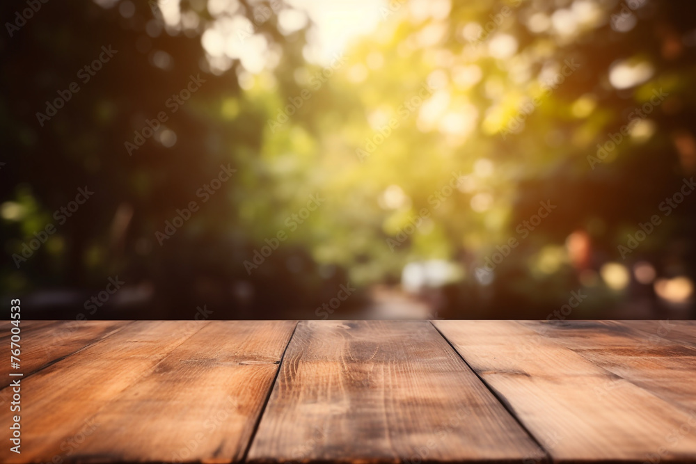 Empty wooden deck in front of a blurred background. PEmpty product display podium. Generative AI