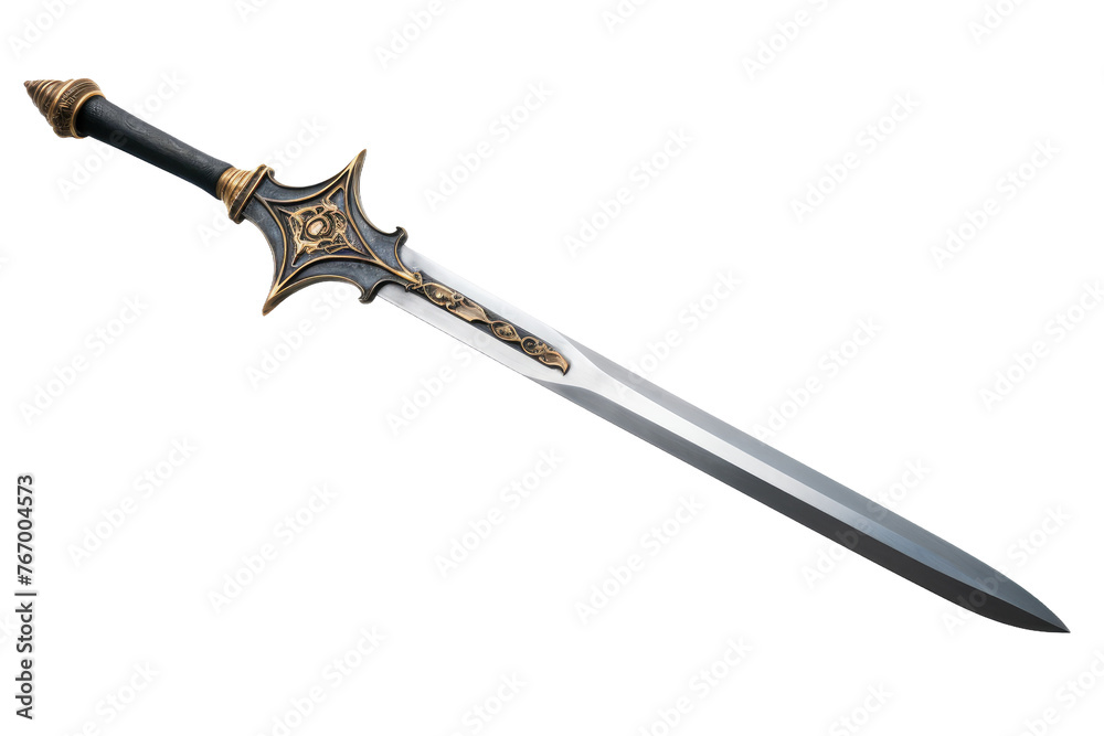 Obraz premium Sword With Gold and Black Handle. On a Clear PNG or White Background.