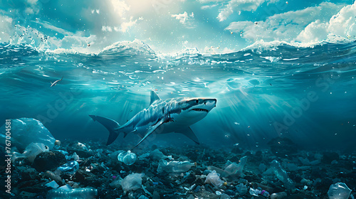 Striking image of a shark above a bed of plastic waste, shedding light on environmental issues and ocean pollution. photo