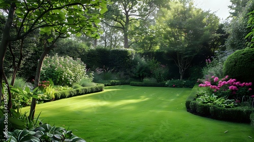 Tranquil Garden Retreat: Decorative Elements Amidst Verdant Green Lawn