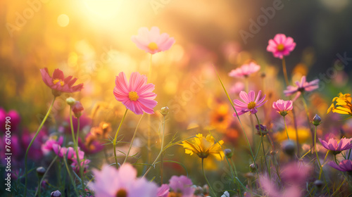 Sunset Glow on Wildflowers Field. Colorful Meadow Flowers at Golden Hour