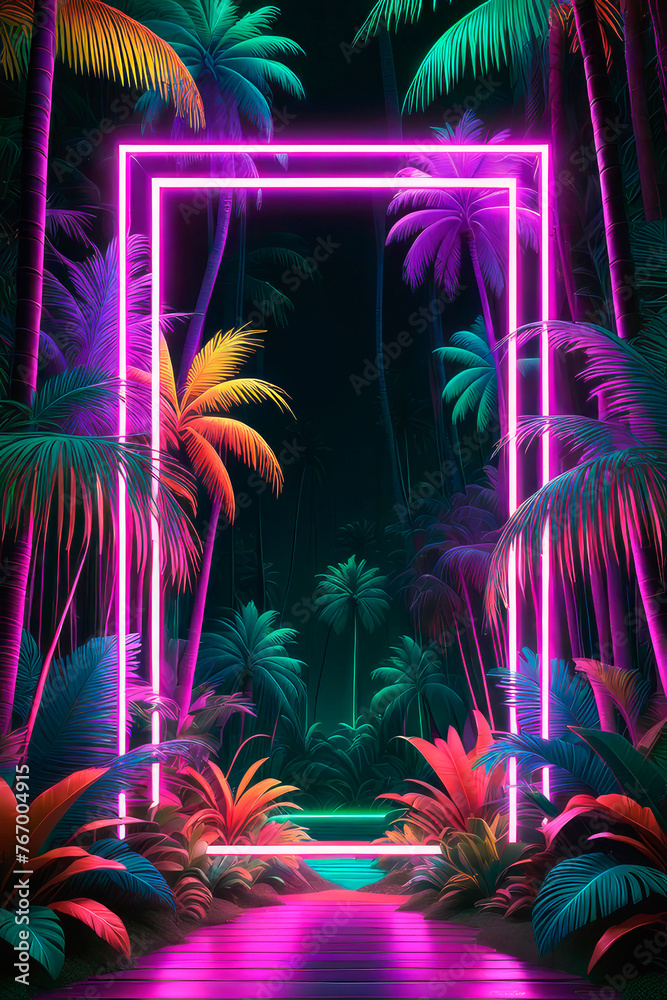 Neon light rectangle glowing frame in the tropical forest.