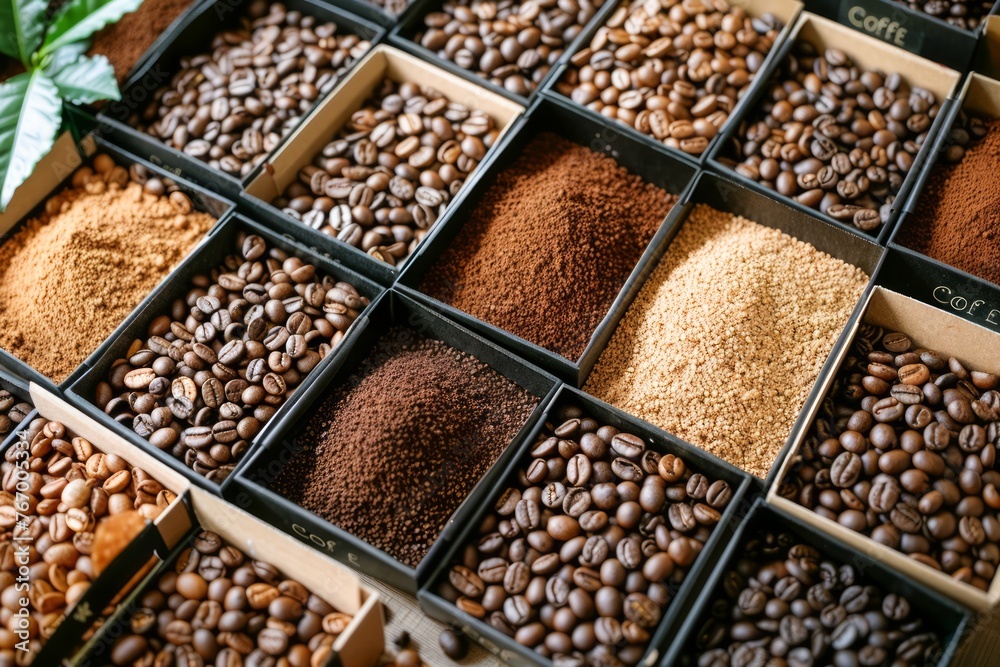 Assorted Fresh Roasted and Ground Coffee Beans Displayed in Wooden Compartments, Aromatic Beverage Ingredients