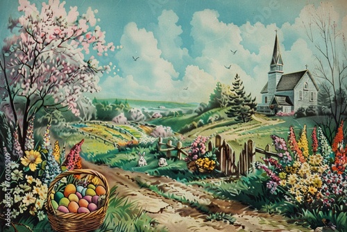 : A vintage Easter postcard featuring a picturesque countryside scene with a church steeple in the distance, colorful baskets filled with eggs on doorsteps, and fluffy bunnies hopping through fields