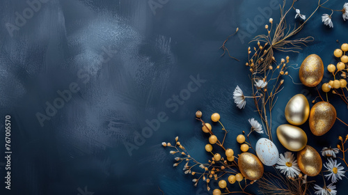 Navy Blue Minimalist Background with Spring Decorations