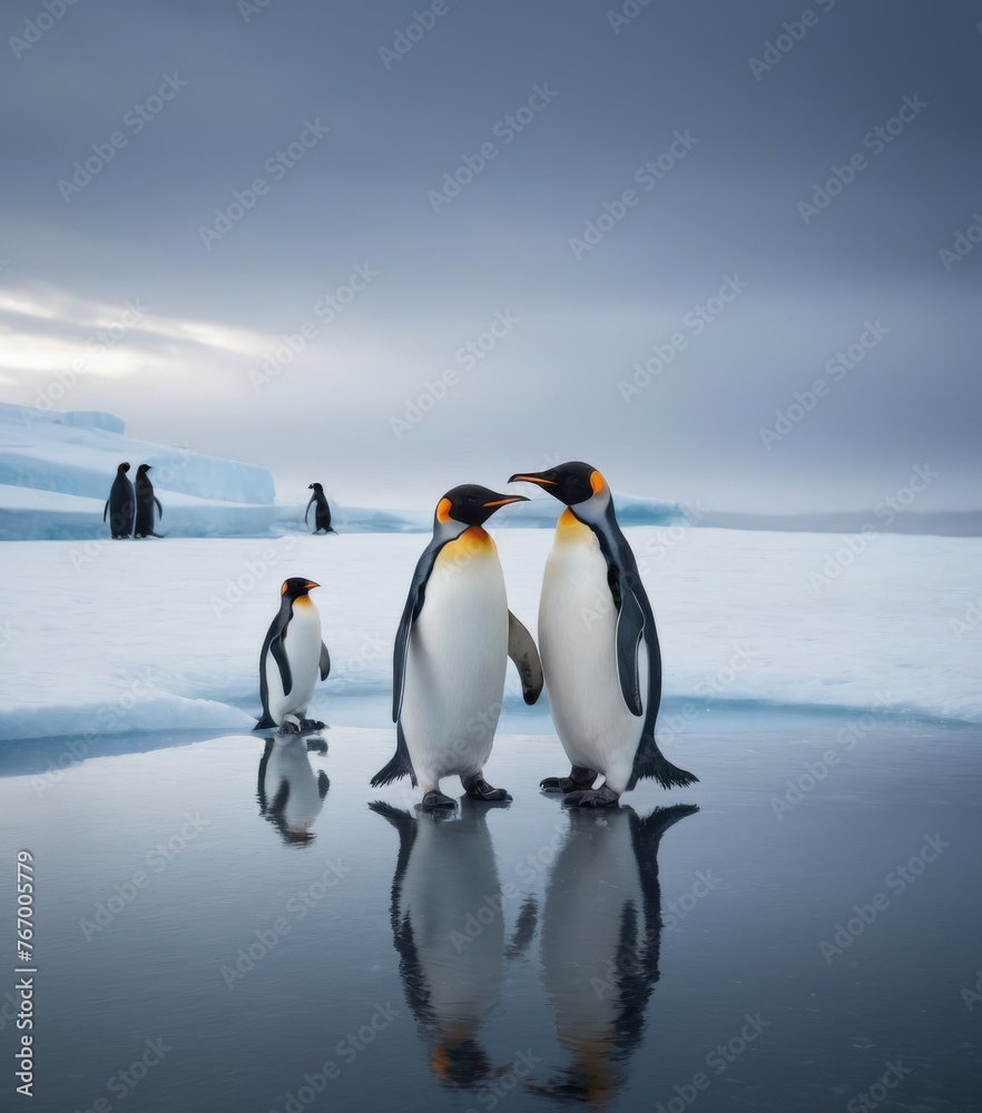 Naklejka premium Two king penguins share a tender interaction against a dramatic Antarctic backdrop, their reflections mirrored in the glassy ice below. The surrounding icebergs and distant penguin figures accentuate