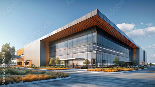 Exterior of Data center made of concrete tilt up panels with a grand corner entrance to showcase the luxury with wood cladding in some areas. Generative AI.