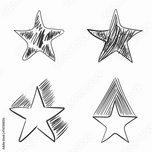 Set of black hand drawn doodle stars on a white background.