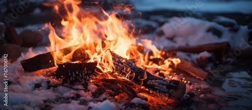 Fiery flames burning on the white snowy ground in a close-up shot, creating a stark contrast of heat and cold