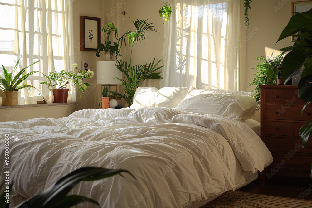 Fototapeta premium Cozy bedroom filled with sunlight and green plants