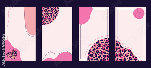 Abstract social media creative templates set. Post and story backgrounds decorated with leopard print. Editable. Vector illustration