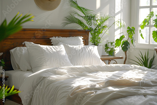 Sunny bedroom with white linens and lush indoor plants