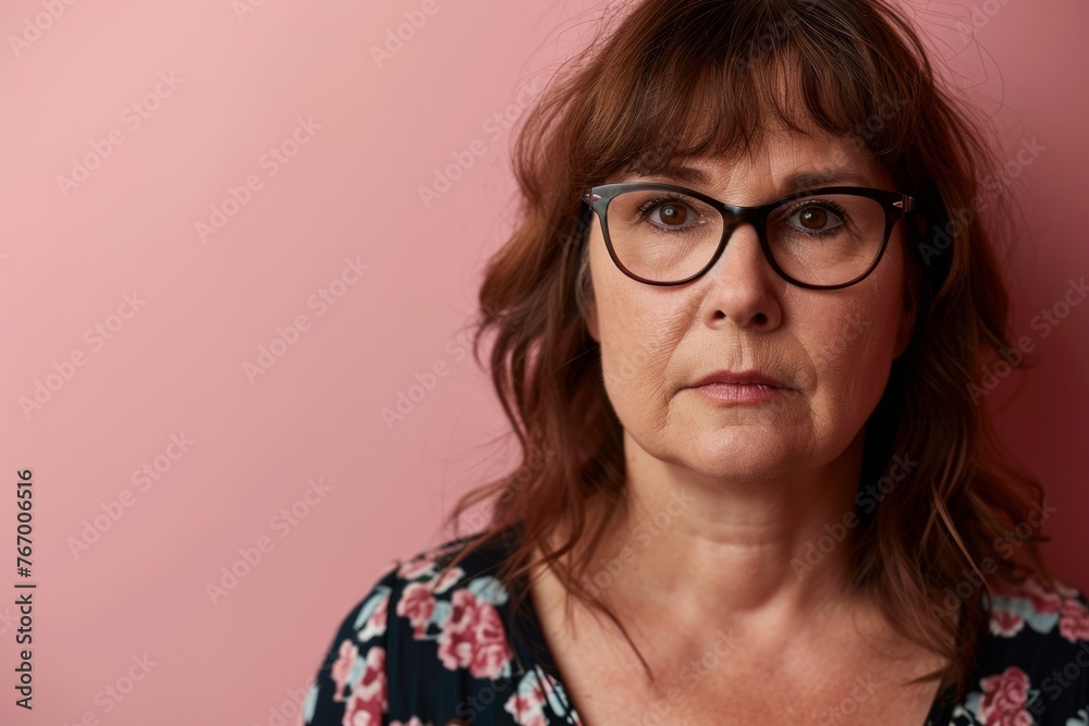 Portrait of a middle-aged woman with glasses on a pink background