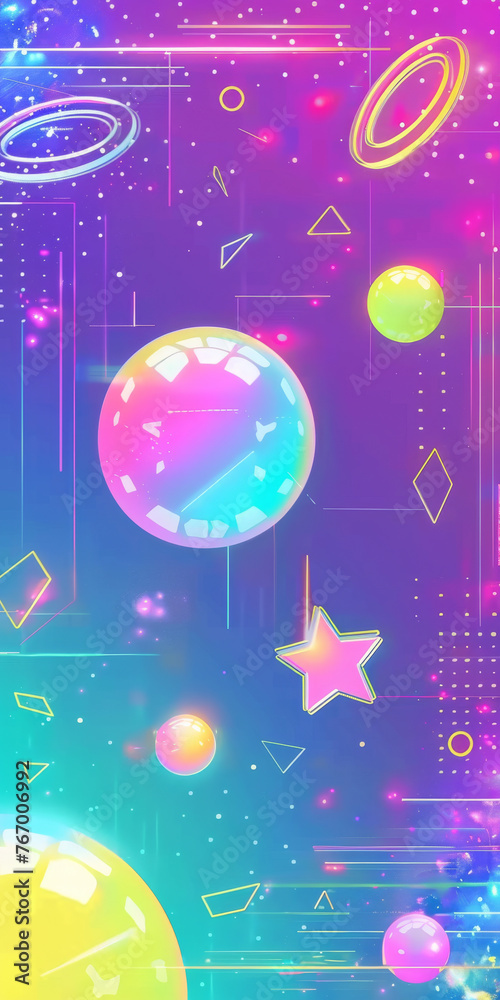 Vibrant Neon Space-Themed Digital Wallpaper With Planets and Shapes