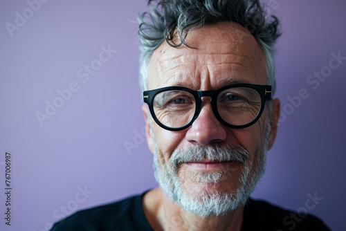 Portrait of a senior man with glasses. Isolated on a purple background. © Iigo