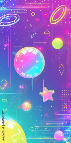 Vibrant Neon Space-Themed Digital Wallpaper With Planets and Shapes