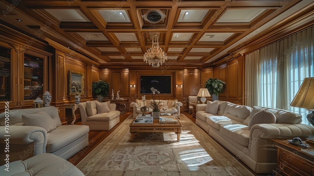 Interior of an elegant and spacious living room with wood paneling walls, ceiling coffered in dark brown wood. Generative AI.