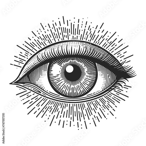 Detailed human eye, with intricate iris and eyelash details sketch engraving generative ai fictional character raster illustration. Scratch board imitation. Black and white image.